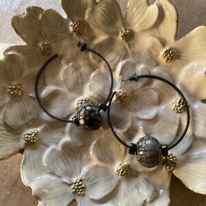 Black embellished metal hoop earrings, 2 inch